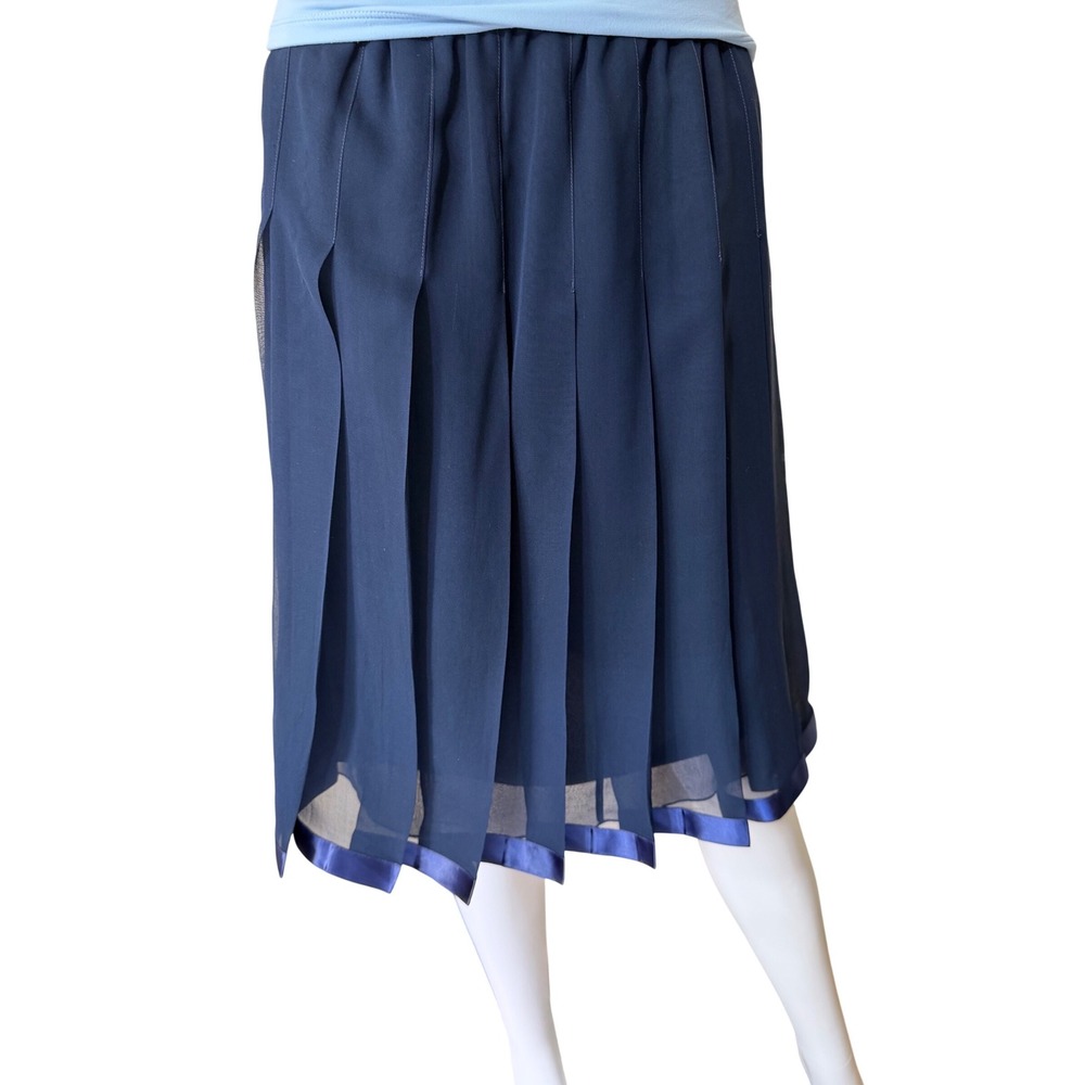 Navy Blue Pleated Midi Skirt Satin Trim Ribbon Hem Chiffon Layered Women Size S - Picture 1 of 6